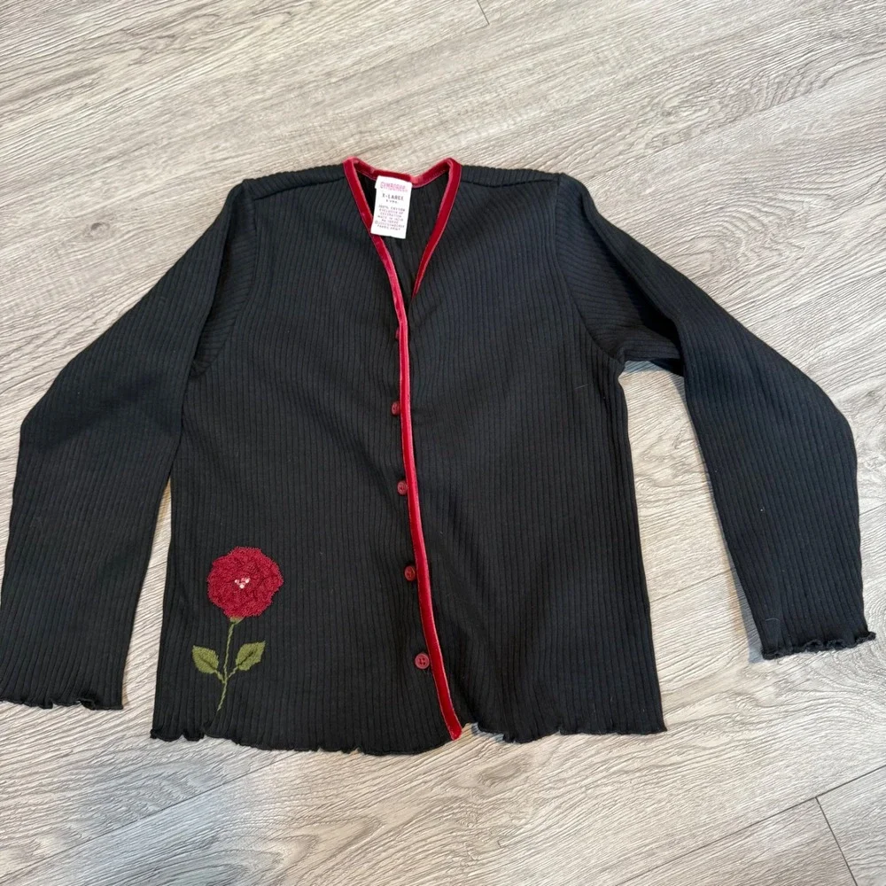 Gymboree Black Ribbed Button‎ Up Cardigan Red Rose Victorian charm Kids XL 6